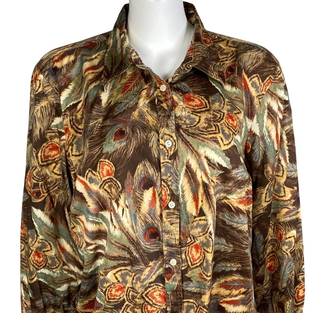 Lauren Ralph Lauren Peacock Feather Print Button Up Shirt Womens 2X Long Sleeve - Picture 2 of 5